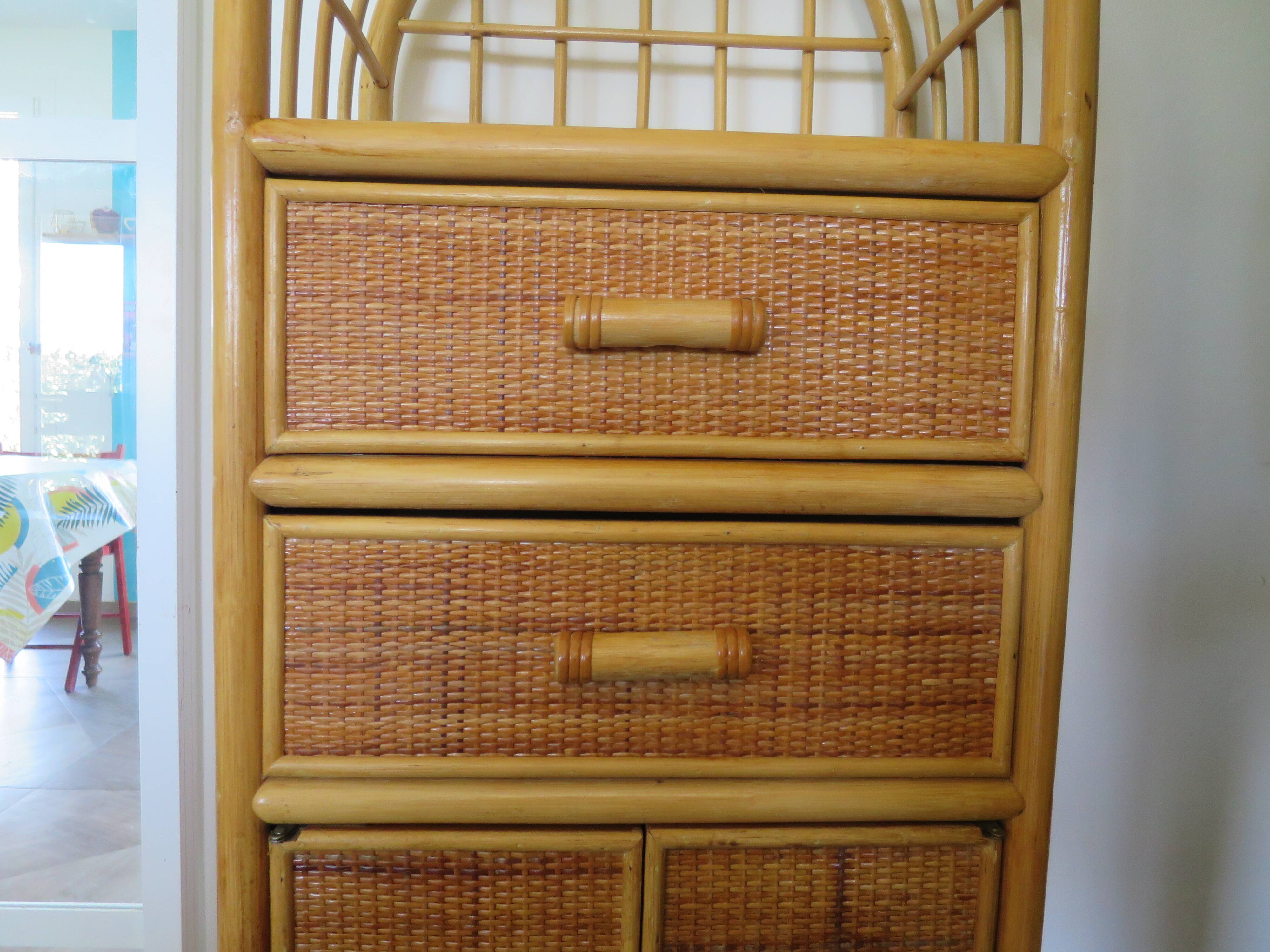 Vintage Library - 2 drawers - Woven rattan cupboard - 1980s - natural