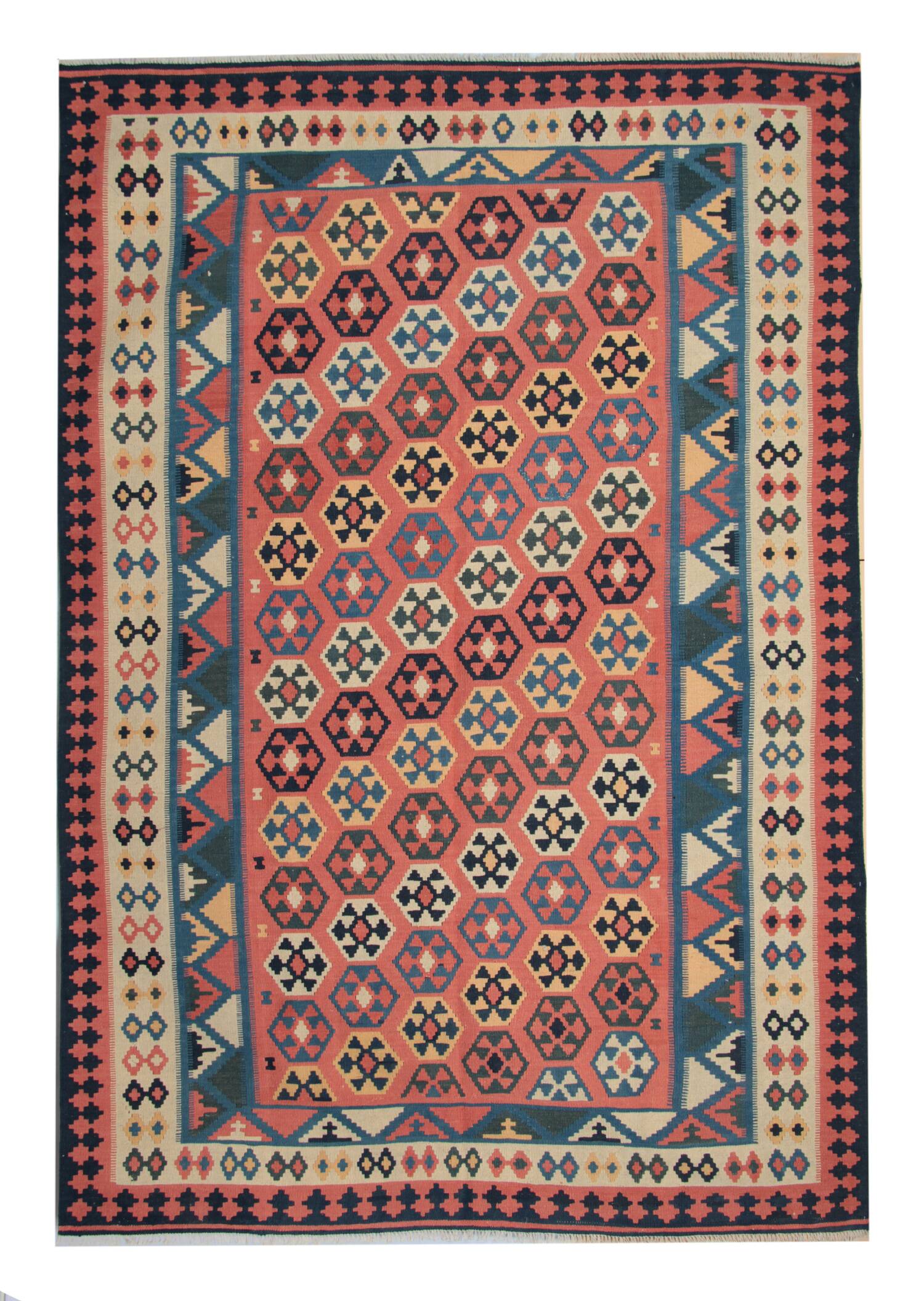 Vintage Kilim Runner Rug in Red, Blue & Terracotta Flatweave 323x218cm