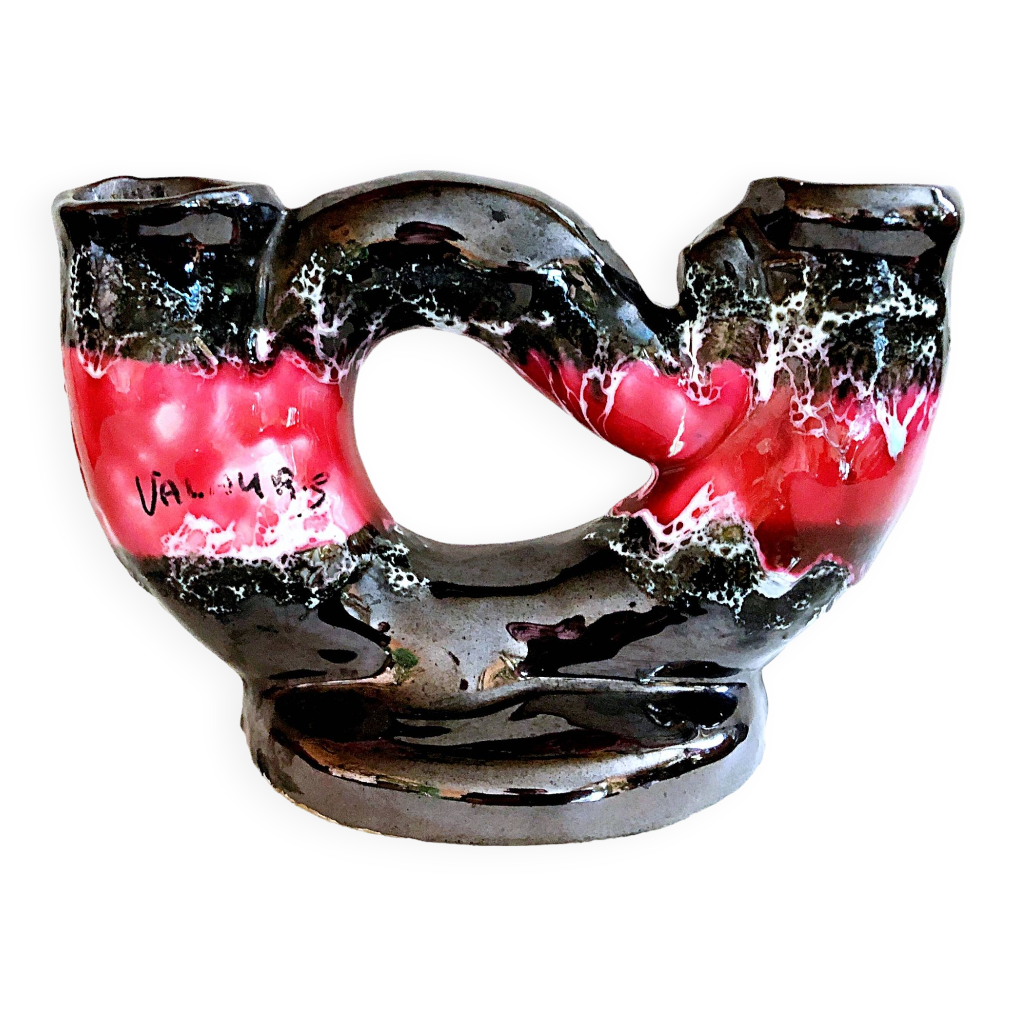 Vintage artisanal two-tone earthenware candle holder Vallauris France