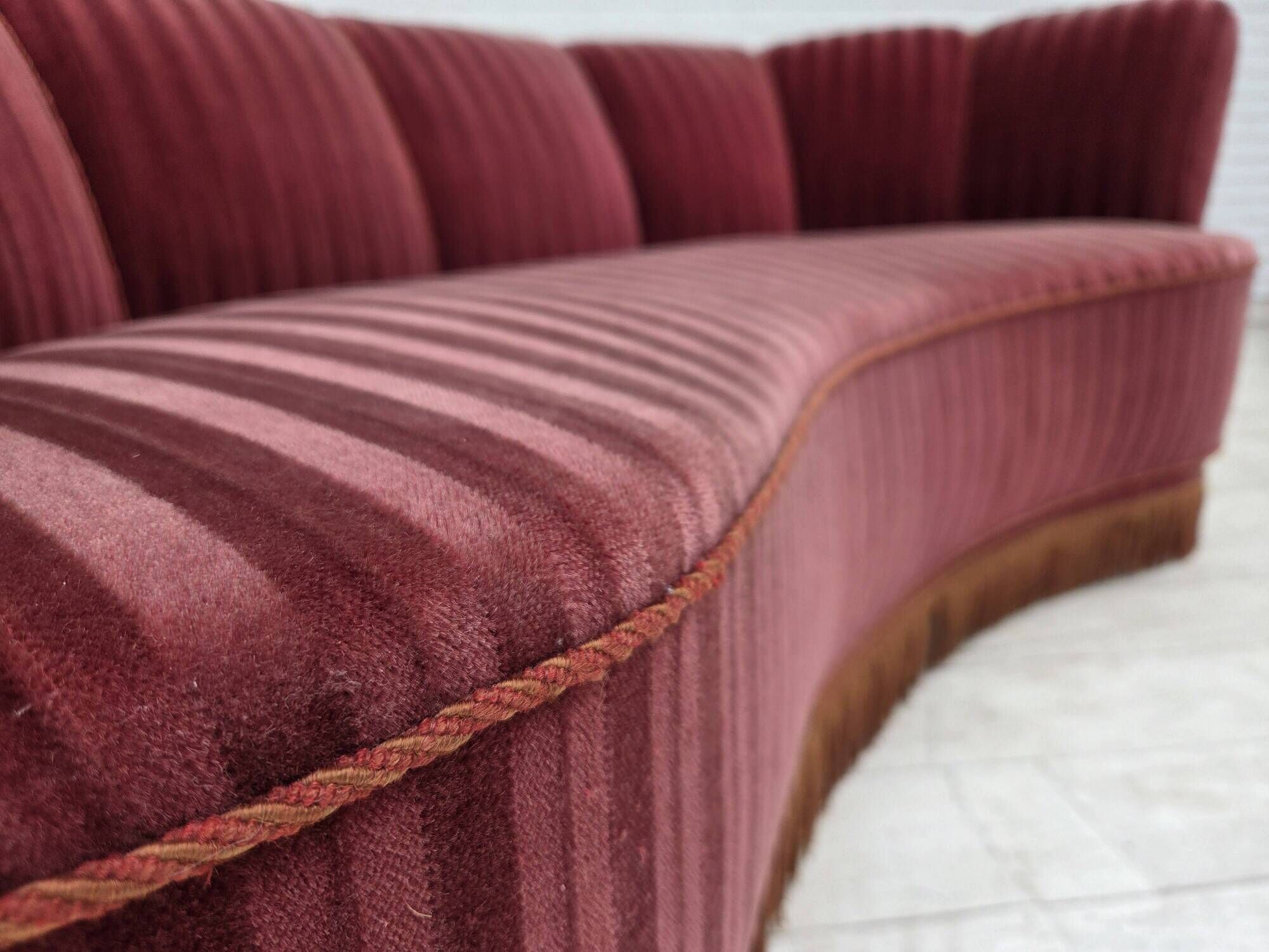 1960s, Danish 2-seater "Banan" sofa, furniture velour, oak wood.