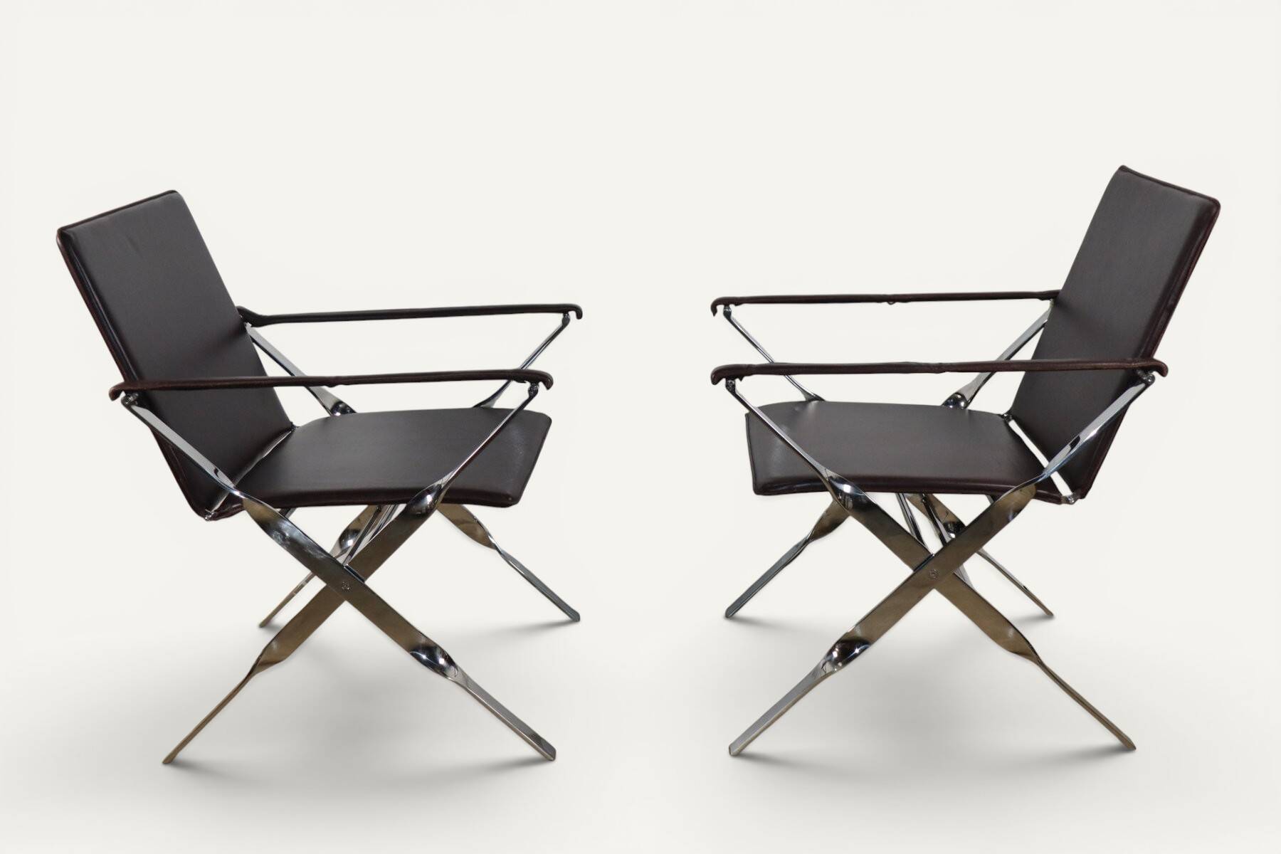 Pair of leather and chrome metal armchairs, Italy - 1970