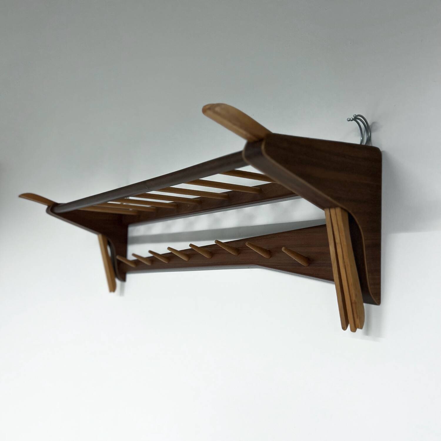 Vintage Wall Coat Rack in Two-tone Wood by Electrimeufa, 1960s – With Coat Hangers