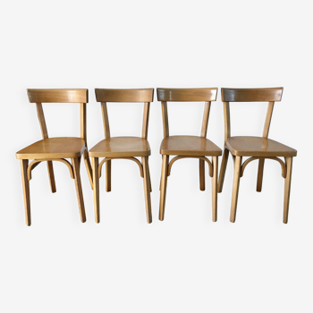 Ensemble de 4 chaises bistrot baumann en bois blond / miel estampillées années 40-50