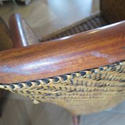 Set of 2 armchairs in woven rattan and exotic wood, 1980s
