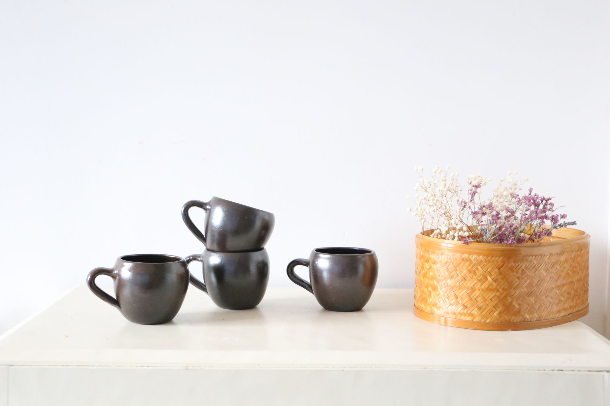 Set of 4 cups of sandstone, handmade pottery, vintage, 1980