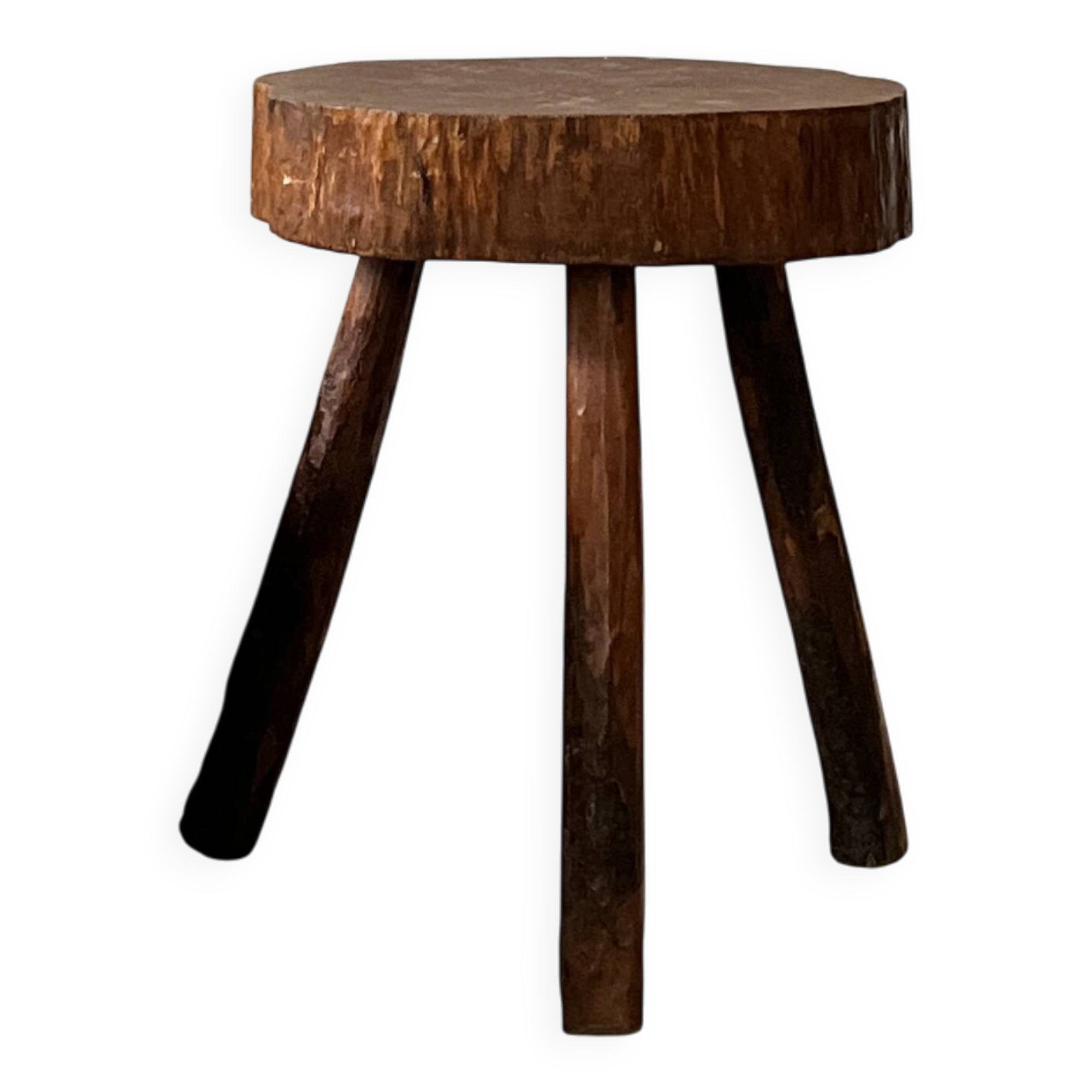 brutalist solid wood tripod stool, France circa 1960