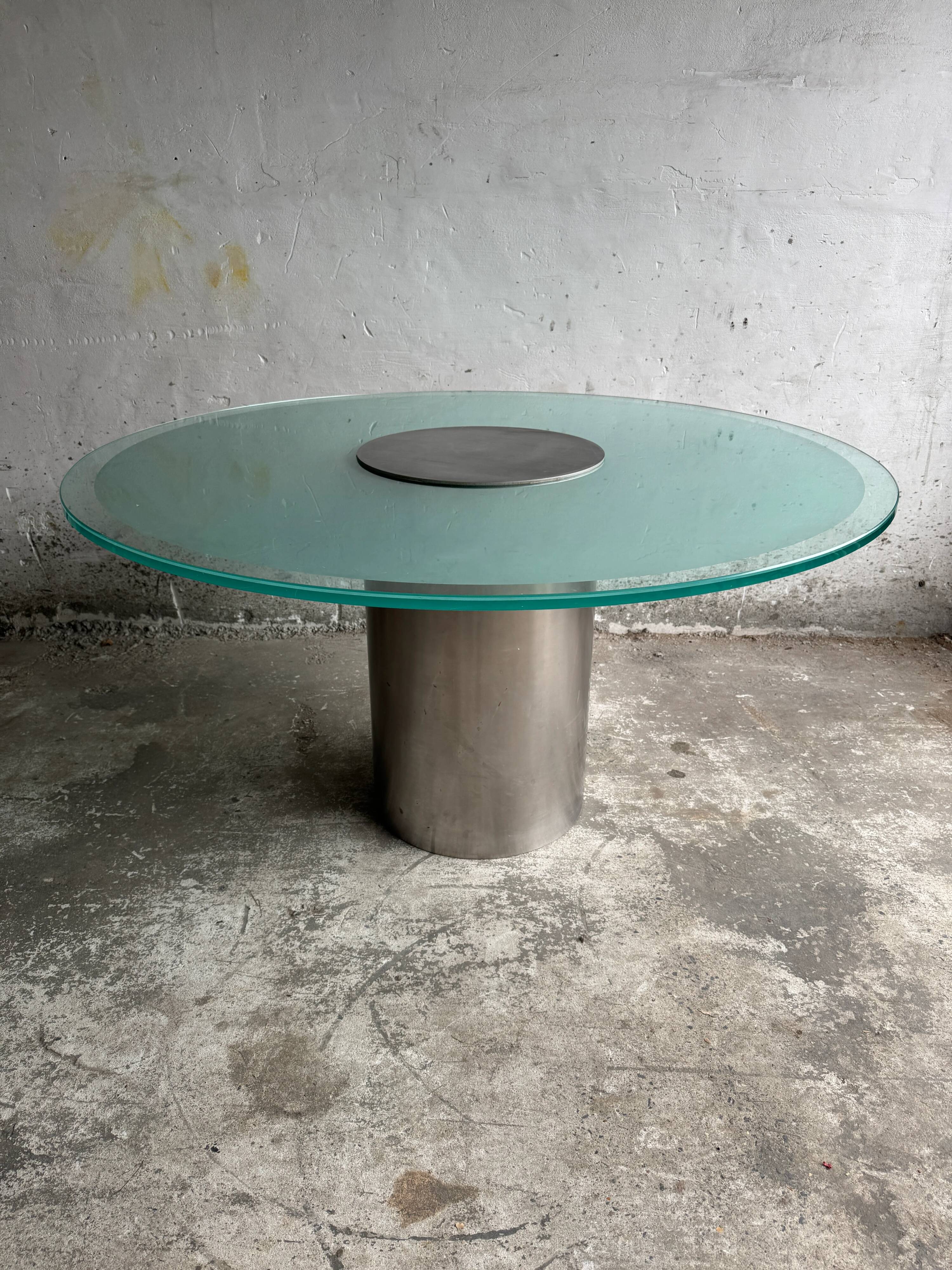 Translucent Frosted Glass Round Dining Table with Brushed Stainless Steel Pedestal — Industrial 1990s