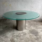 Translucent Frosted Glass Round Dining Table with Brushed Stainless Steel Pedestal — Industrial 1990s