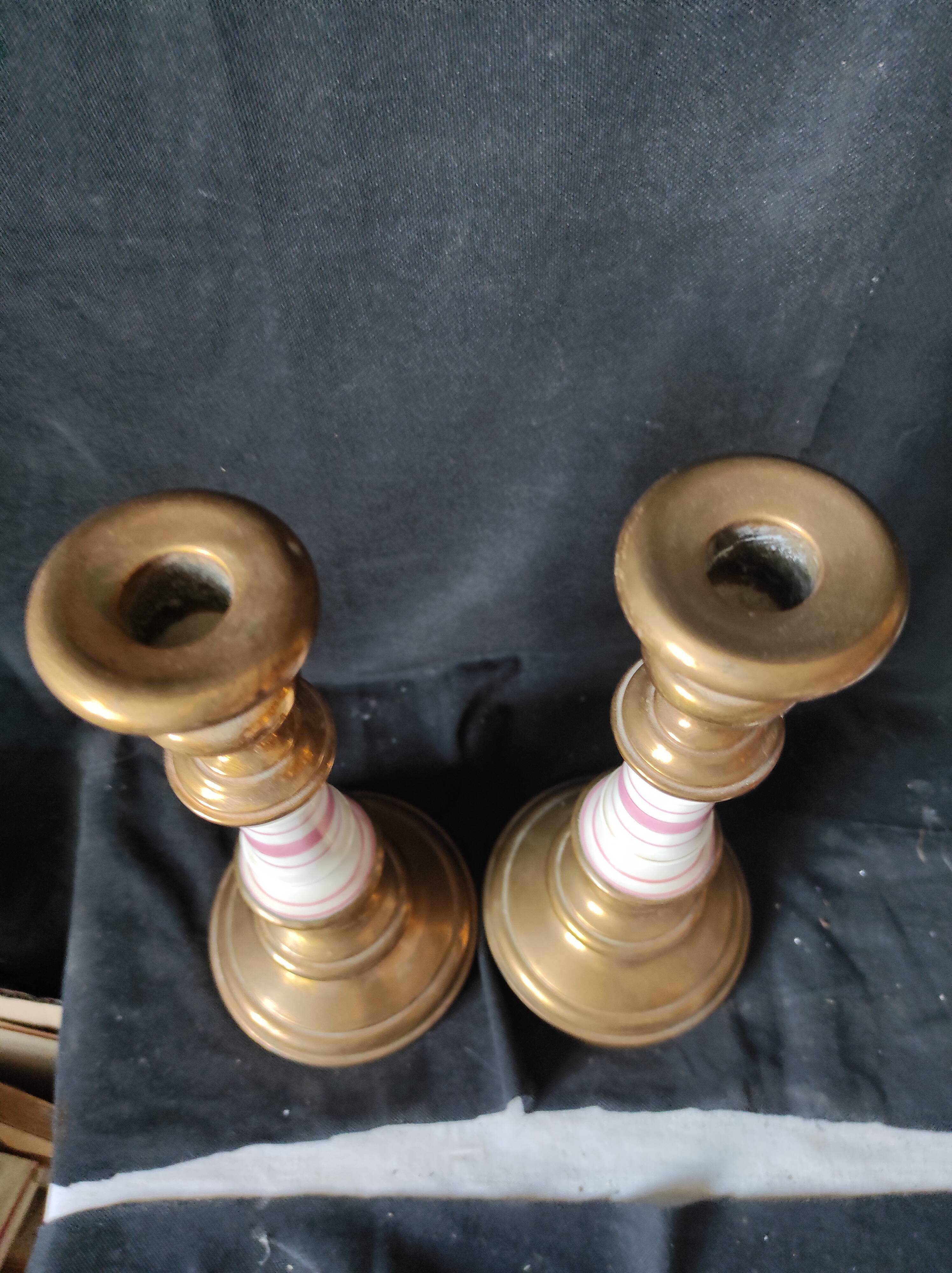 xix eme / pair brass porcelain candle holders