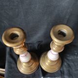 xix eme / pair brass porcelain candle holders