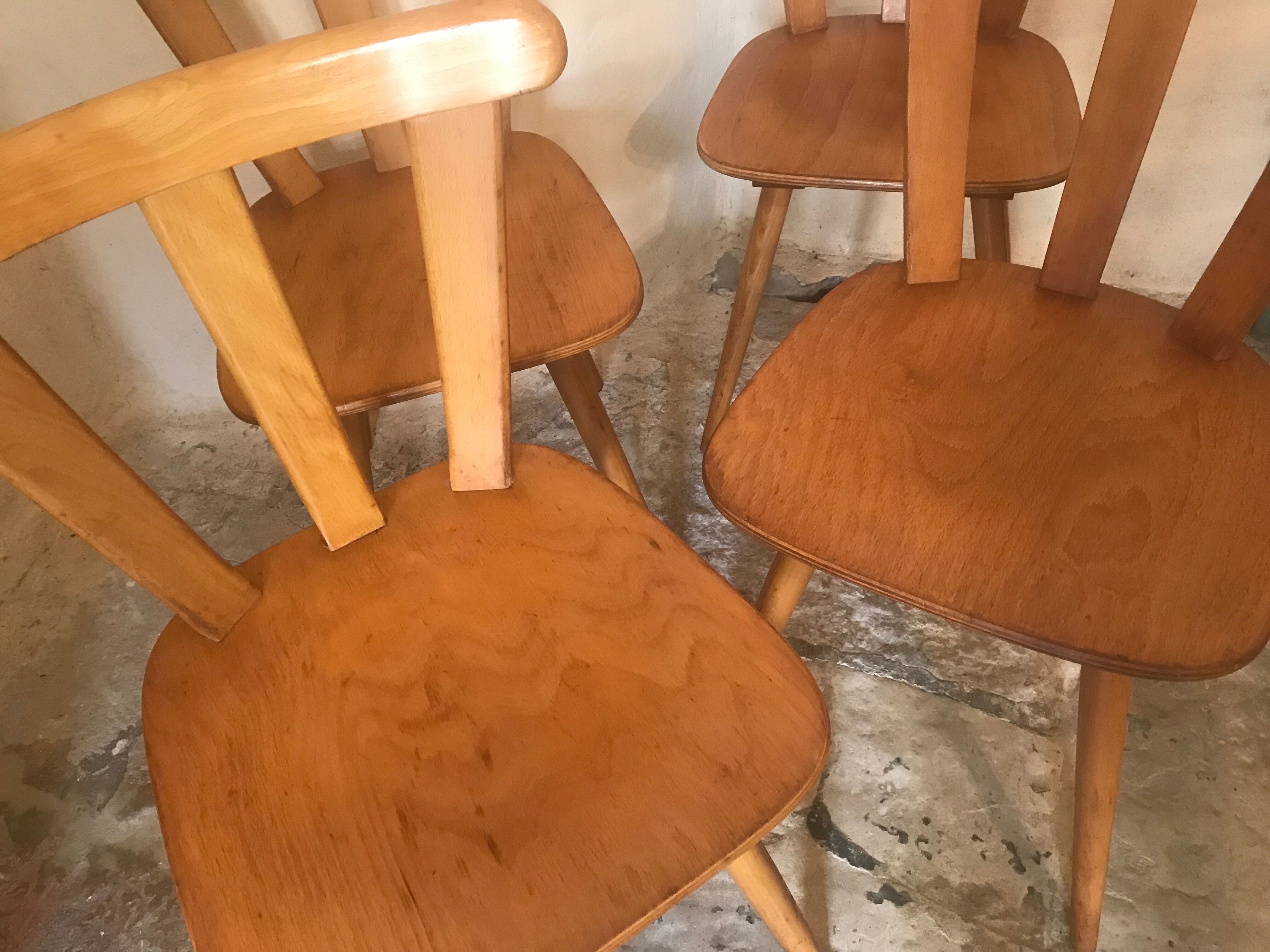 Set of 4 vintage bistro style chairs in beech circa 1960