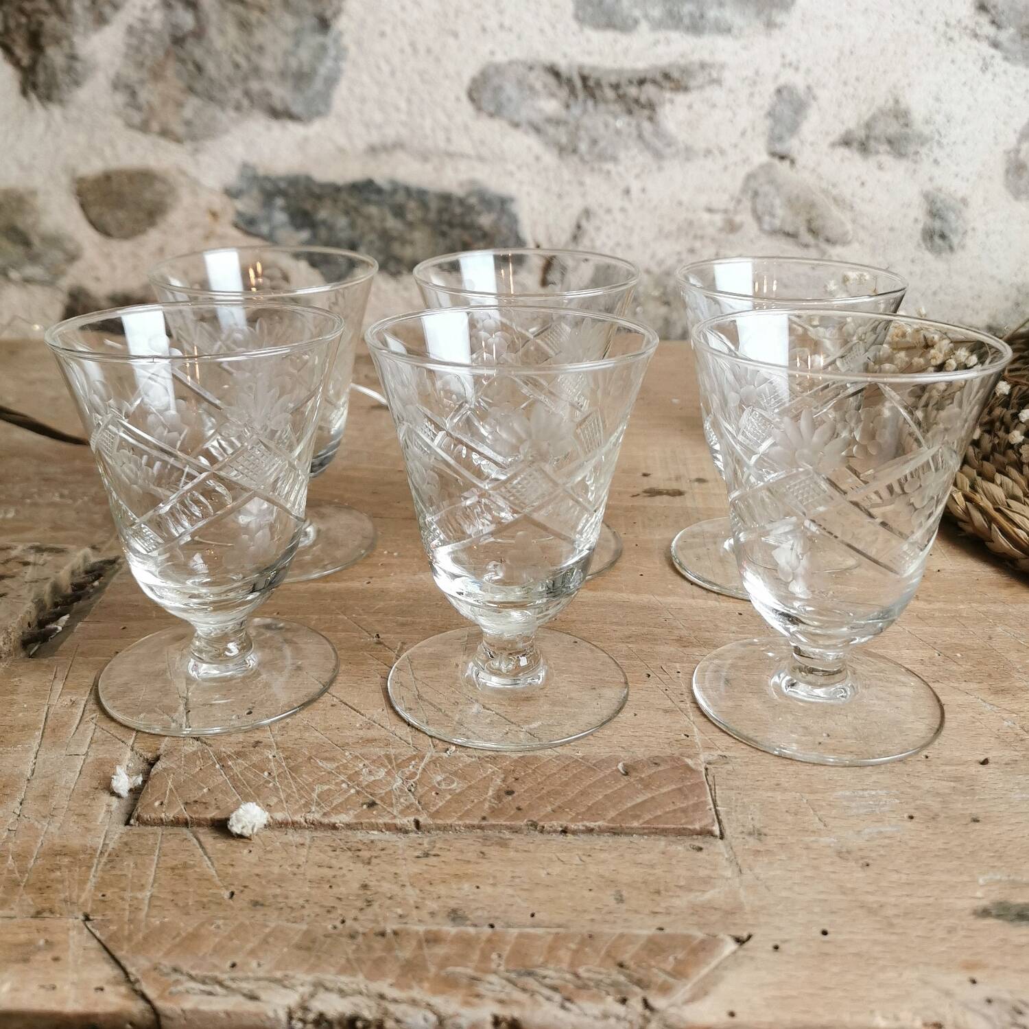 6 Chiseled Crystal Glasses, 1950s