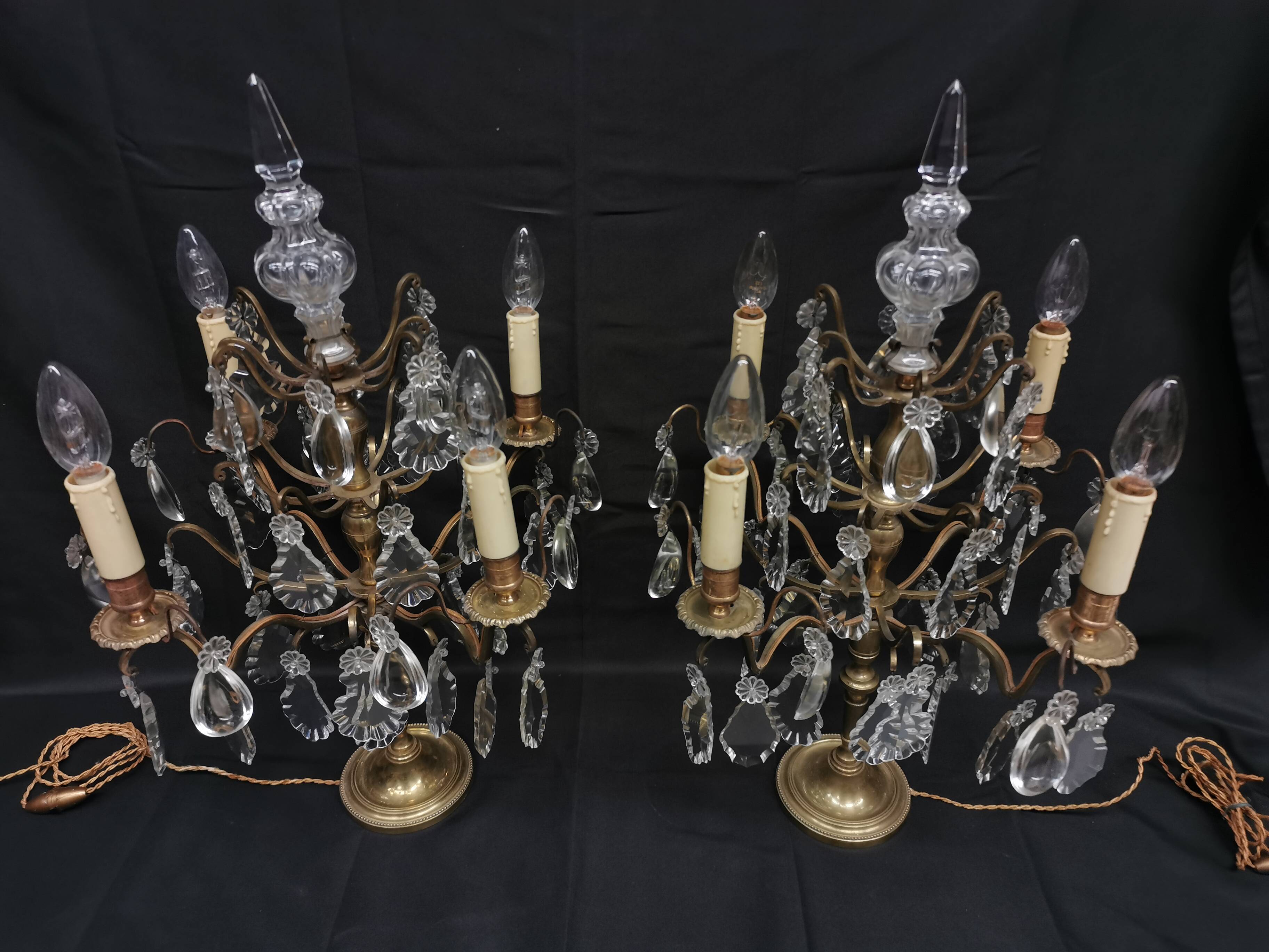 Pair of large electrified girandole candlesticks with crystal tassels