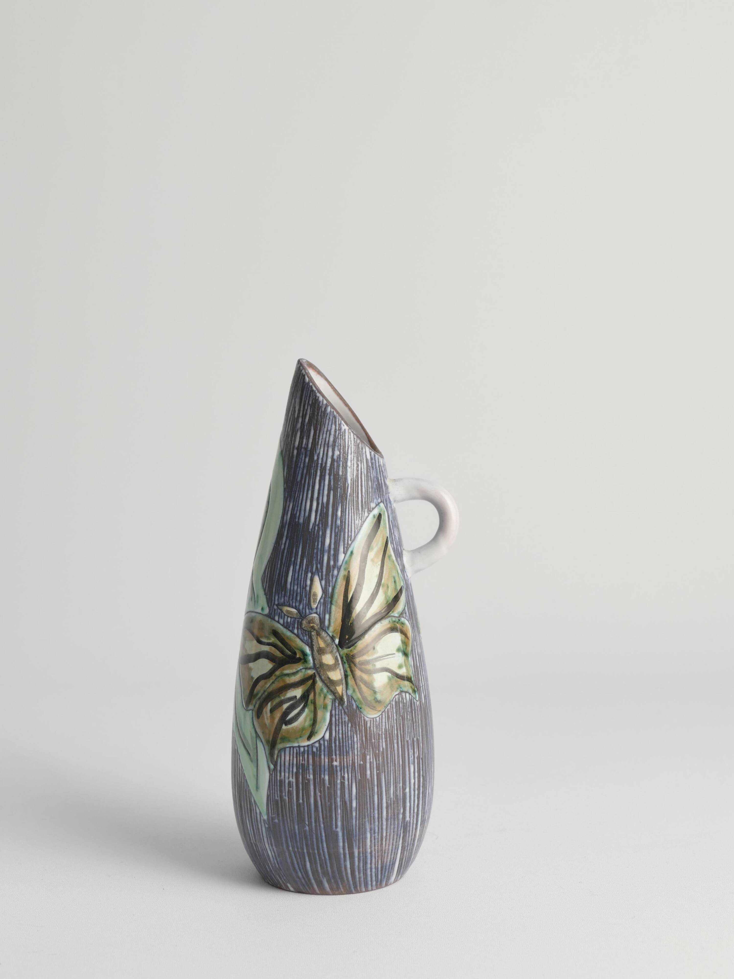 Mid-Century Modern Stoneware Vase with Sgraffito and Butterflies. Sweden, 1950s