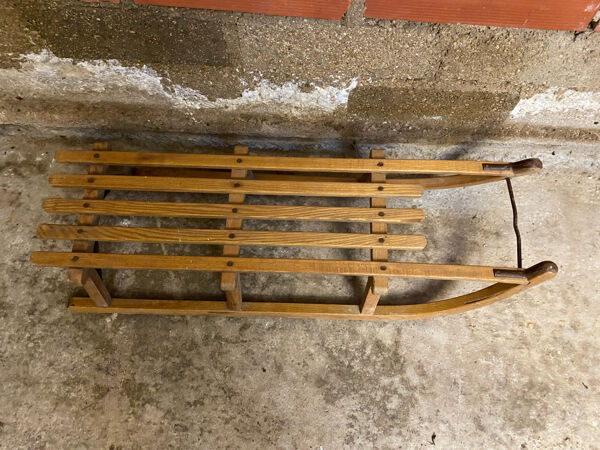 Luge ancienne Davos en bois & lames metal sport hiver vintage