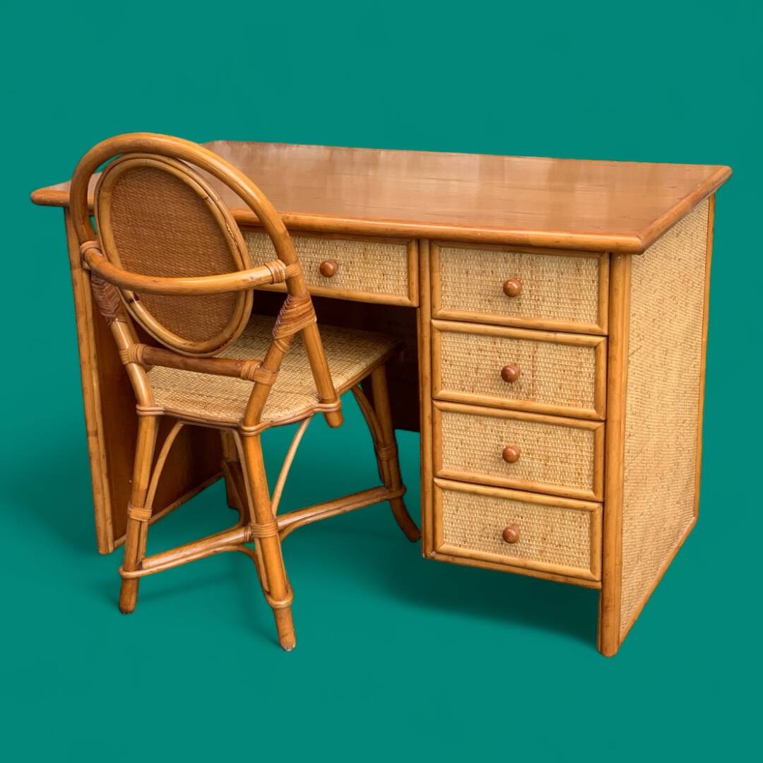 Vintage rattan and woven wicker desk 1970