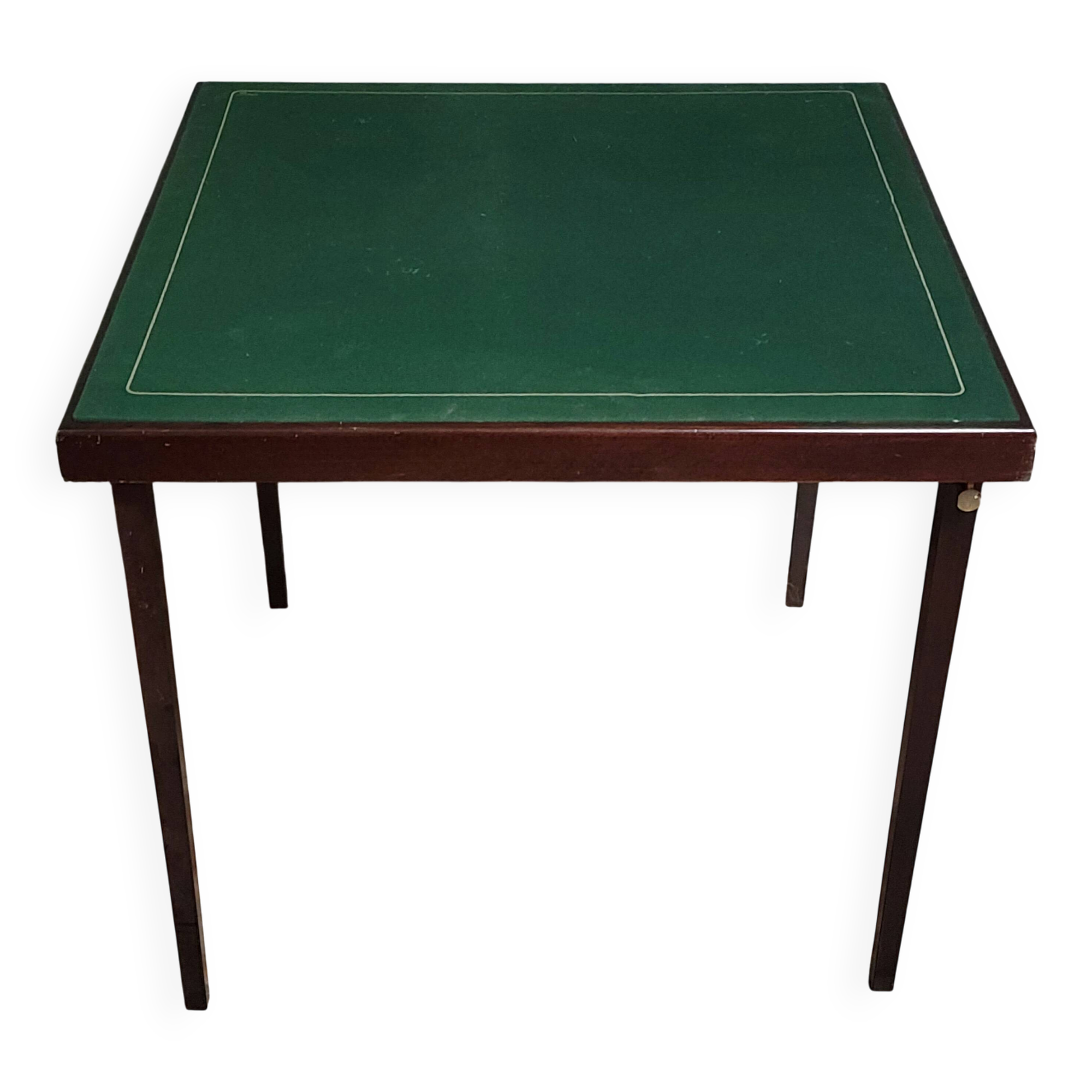 a wooden Bridge game table resting on four thin, straight legs