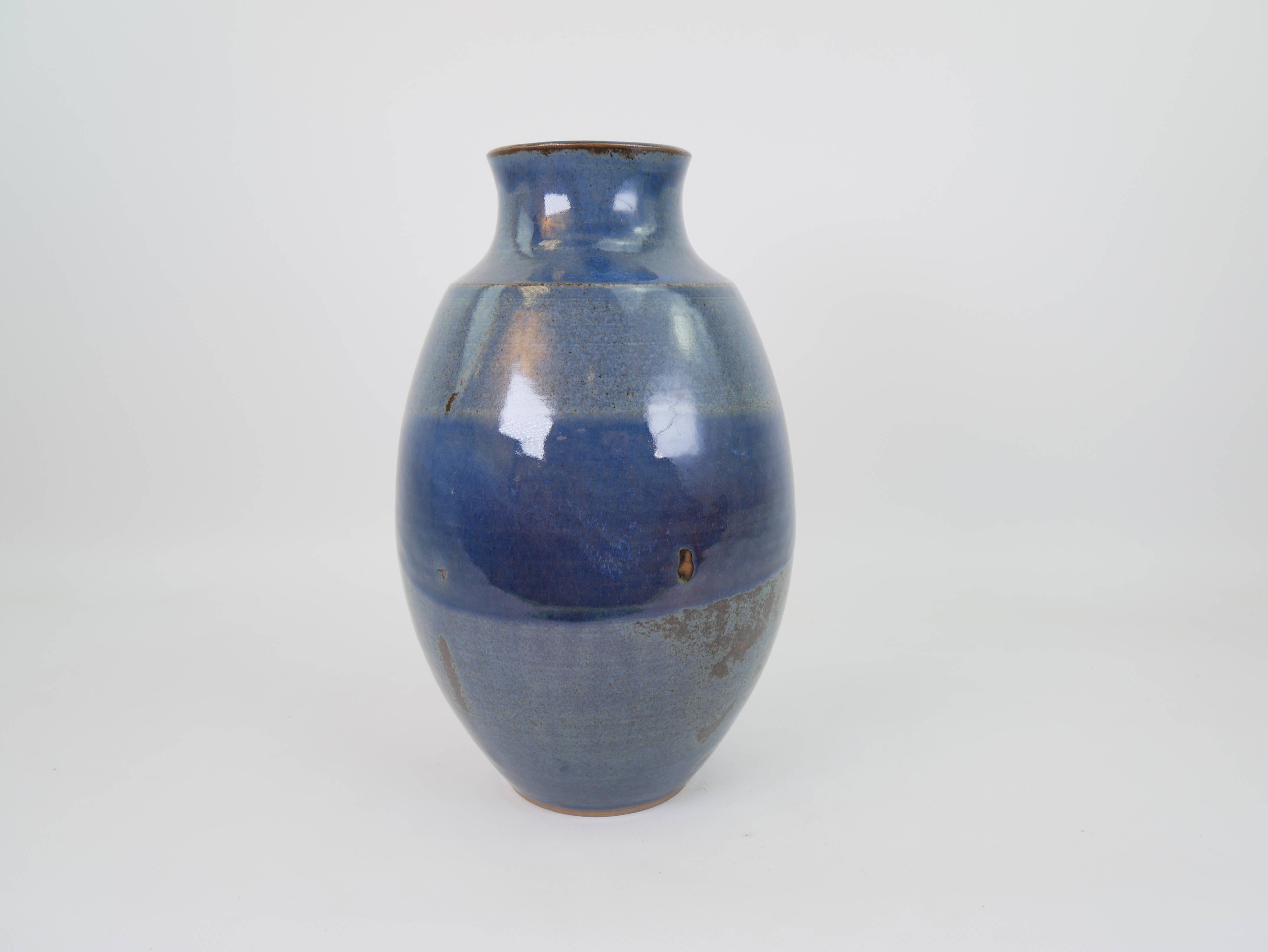 Large blue glazed ceramic vase signed under the base