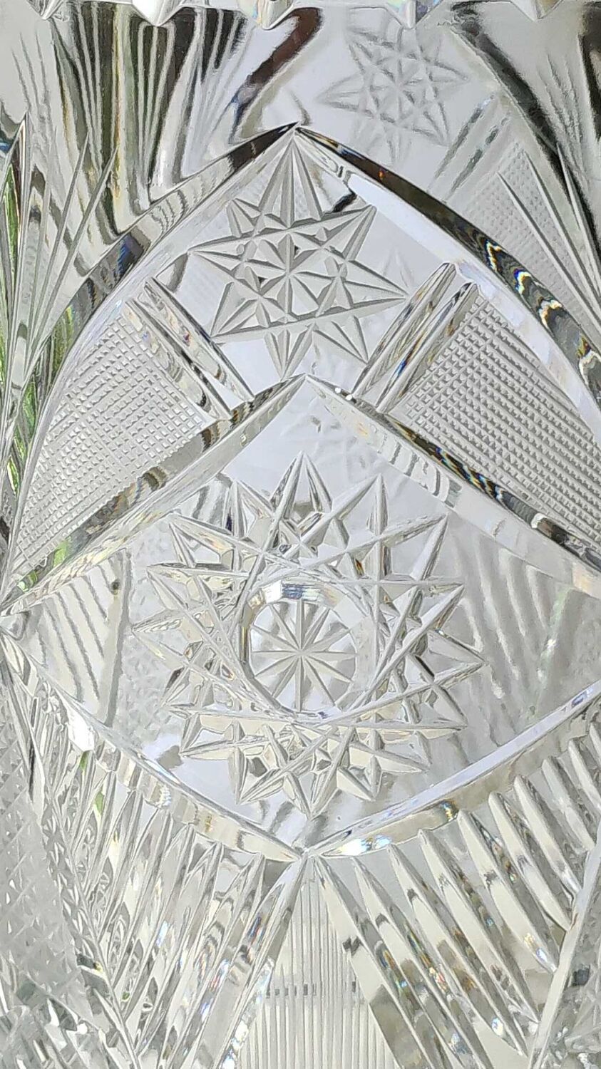 Vintage Bohemian crystal vase, sophisticated, geometric star patterns, high 25 cm