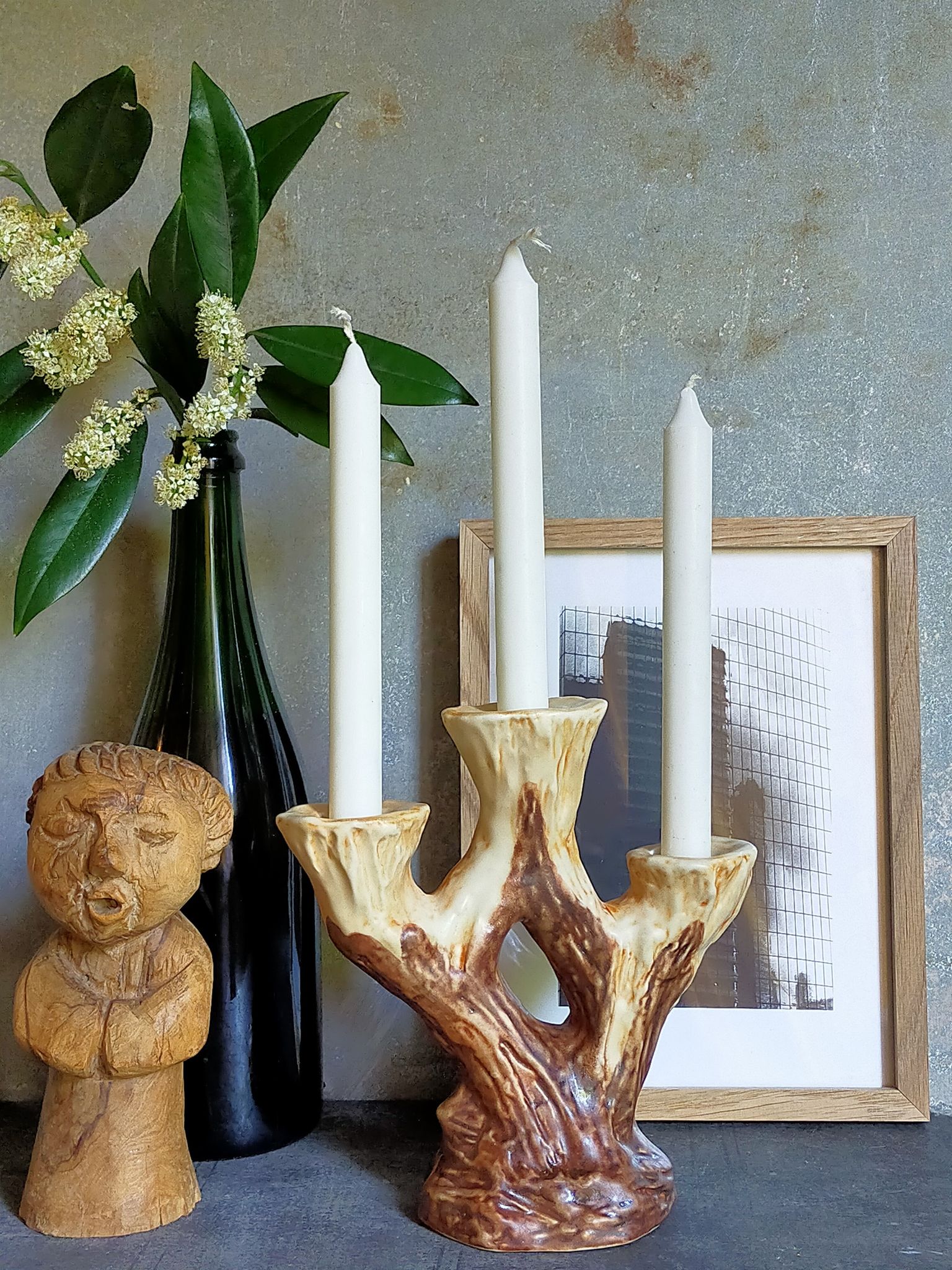 Bougeoir céramique faux-bois années 50
