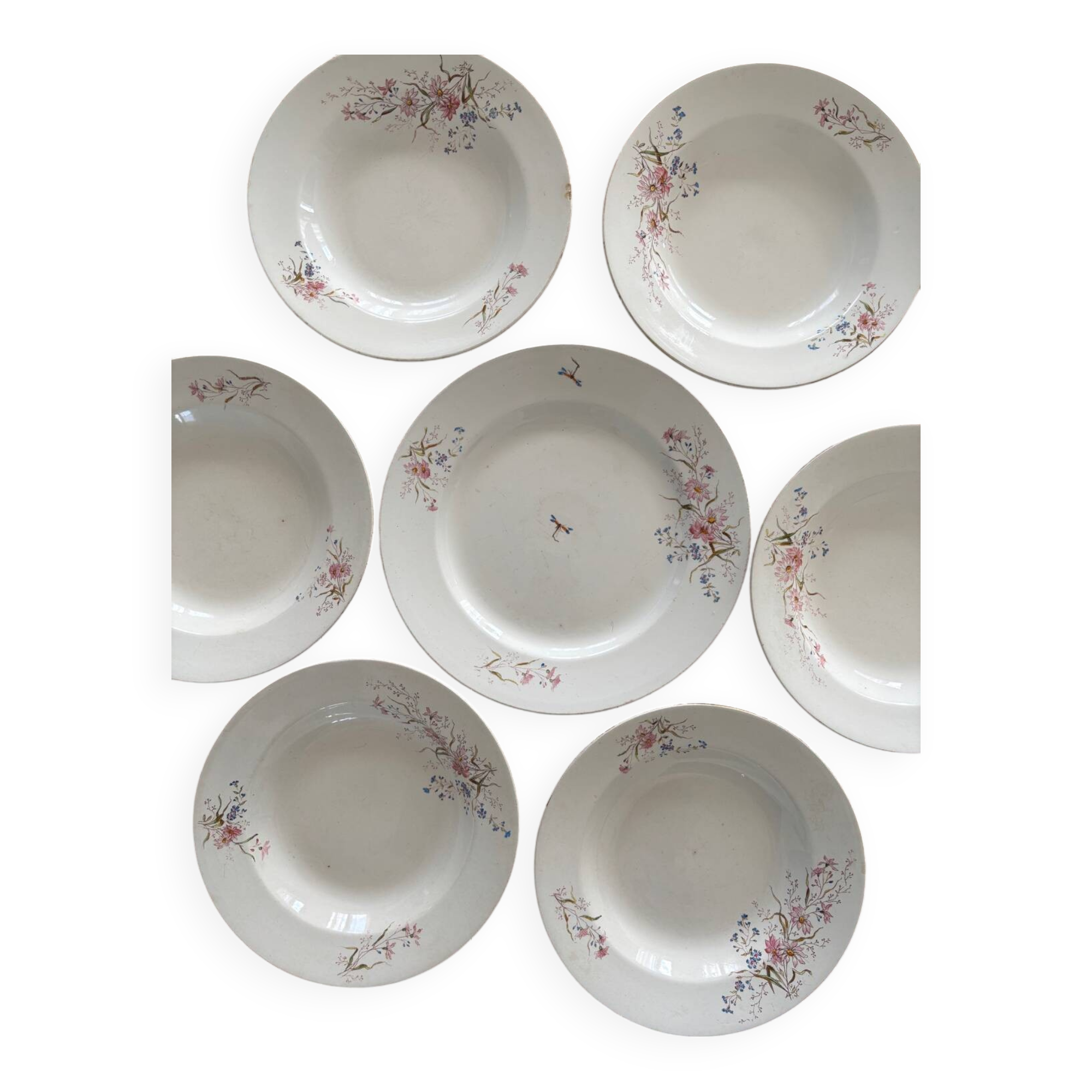 Set of 6 soup plates and 1 dish in polychrome ironstone Choisy-le-Roi