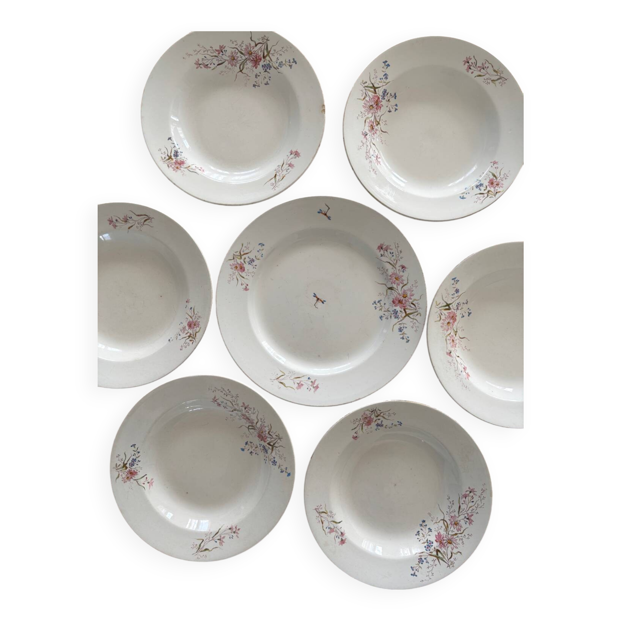 Ensemble de 6 assiettes creuses et 1 plat en terre de fer polychrome Choisy-le-Roi