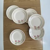 6 antique Badonviller faience dessert plates with flowers and gilding.