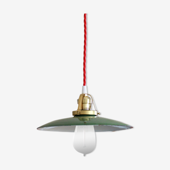 Old suspension in green enamelled sheet metal lampshade ceiling lamp industrial bowl