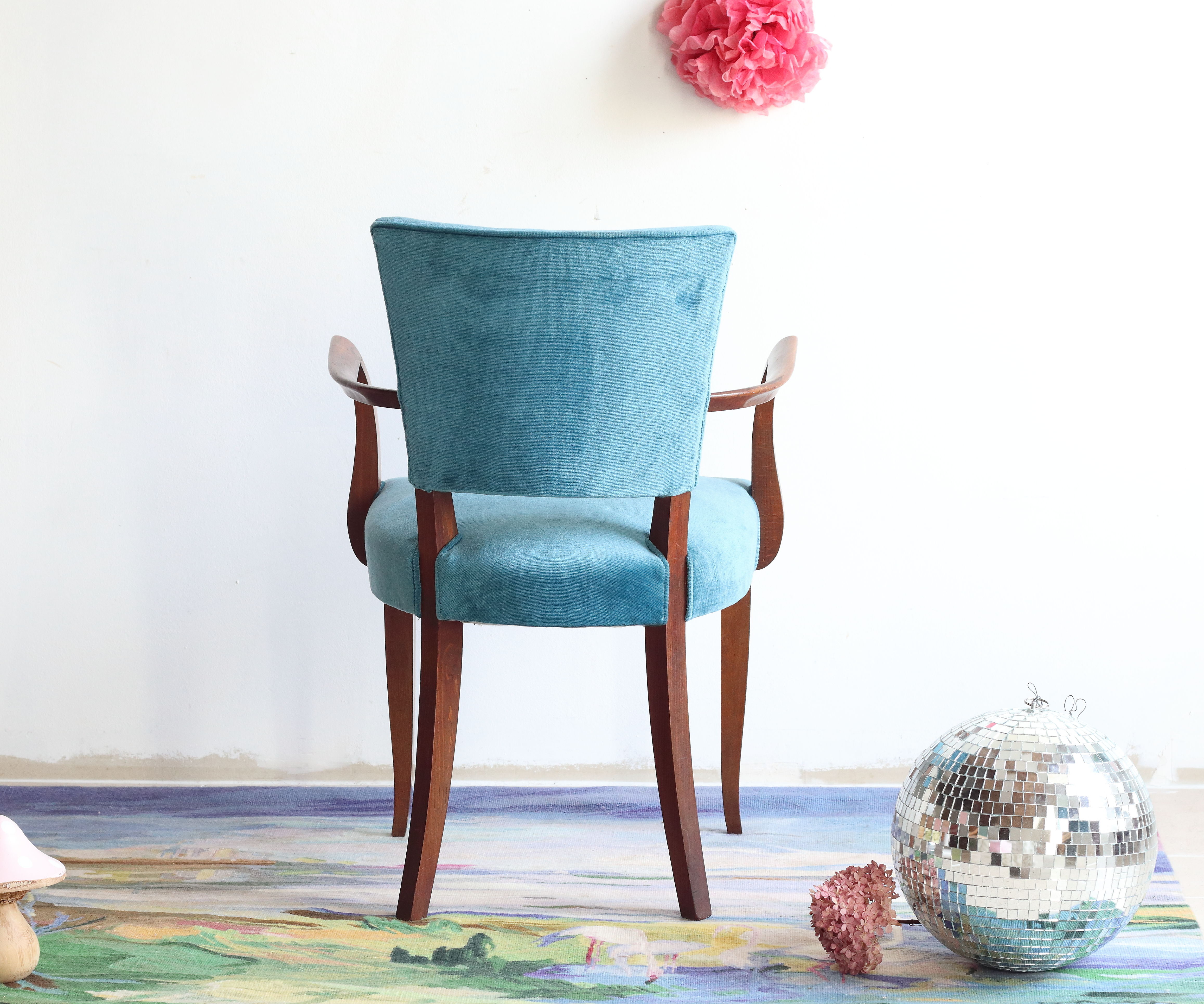 Pair of bridge art deco chairs in blue velvet