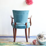 Pair of bridge art deco chairs in blue velvet