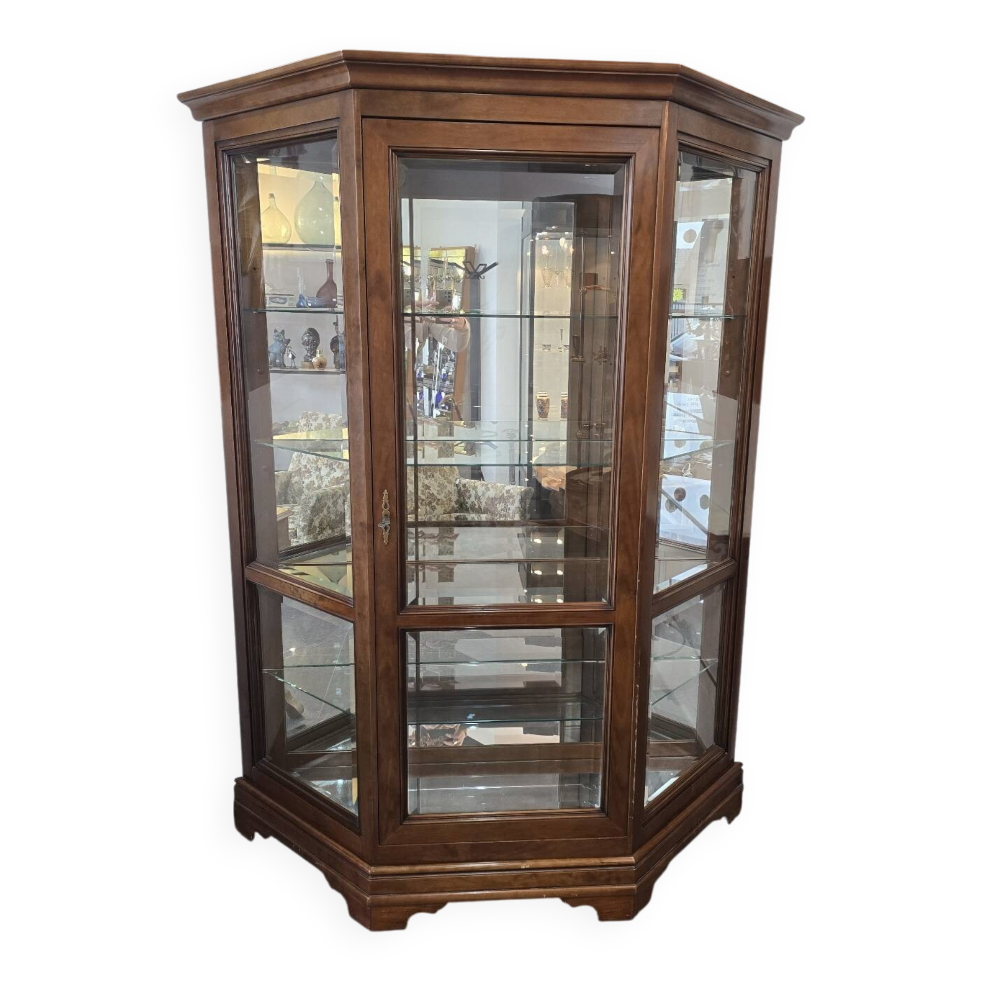 Vitrine hexagonale vintage en bois et verre – éclairé-Style classique