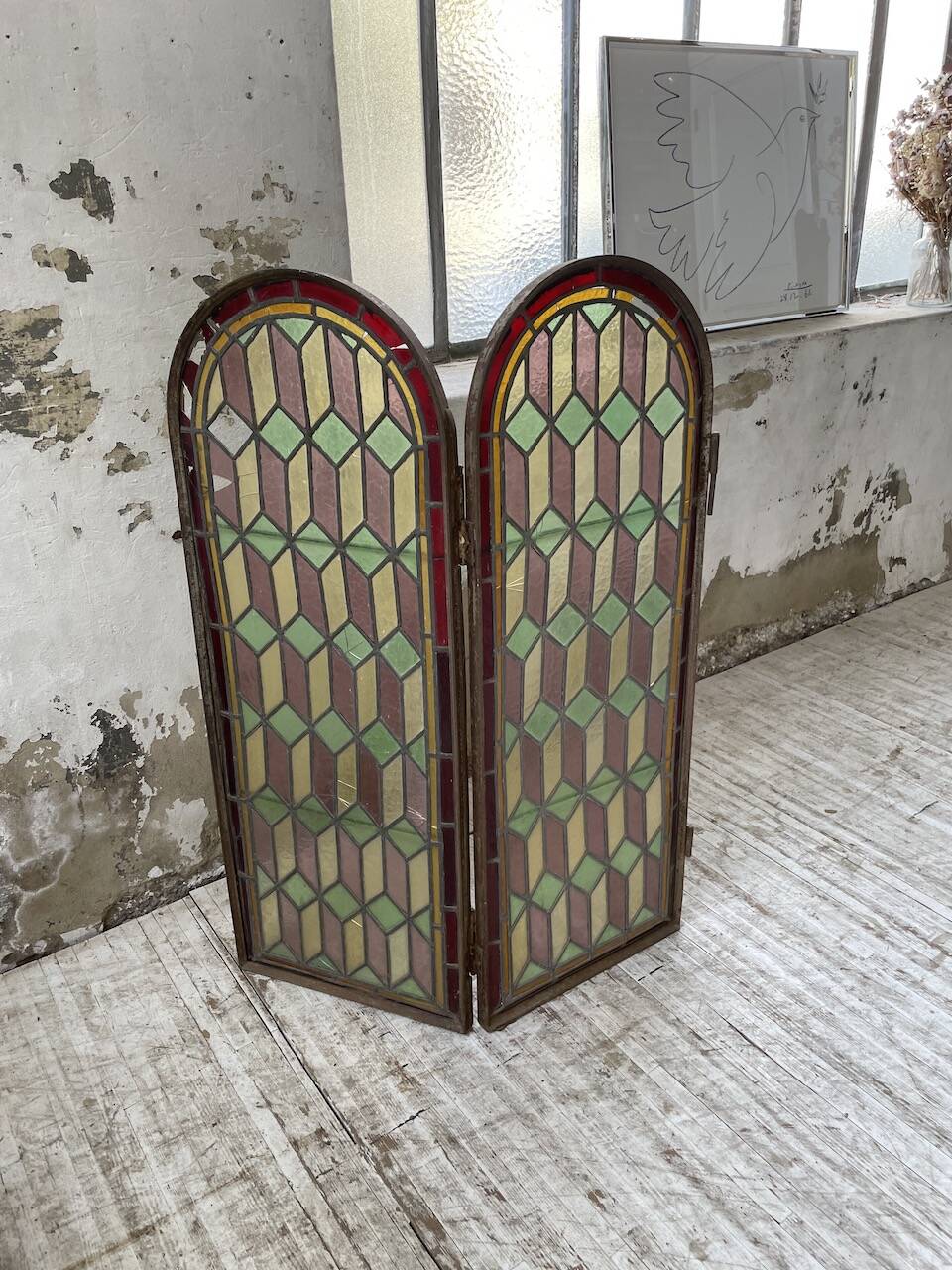 Old stained glass window in metal and glass 1900