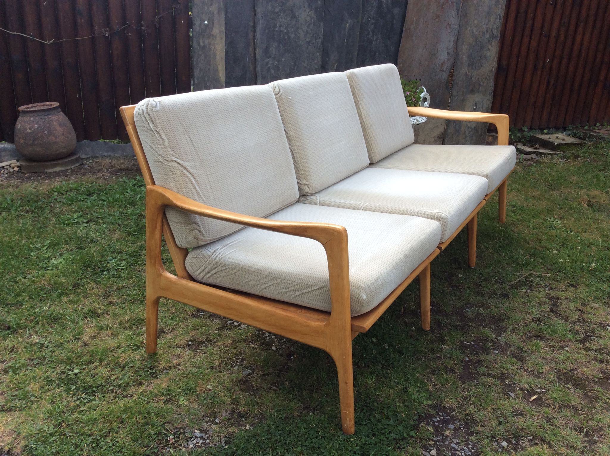 Vintage Scandinavian bench and armchairs of 4 pieces, 1 bench and 3 armchairs.