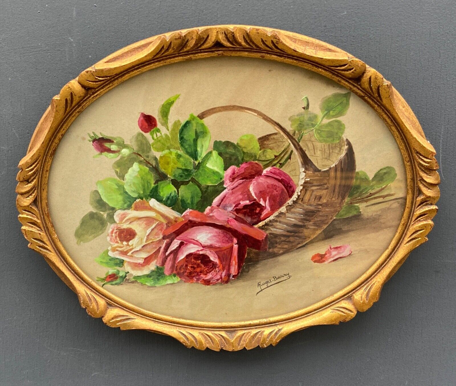 Aquarelle sur papier par A.Euget Barry bouquet de fleurs cadre dore