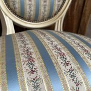 Pair of Louis XVI style chairs in painted wood and satin, classic elegance.