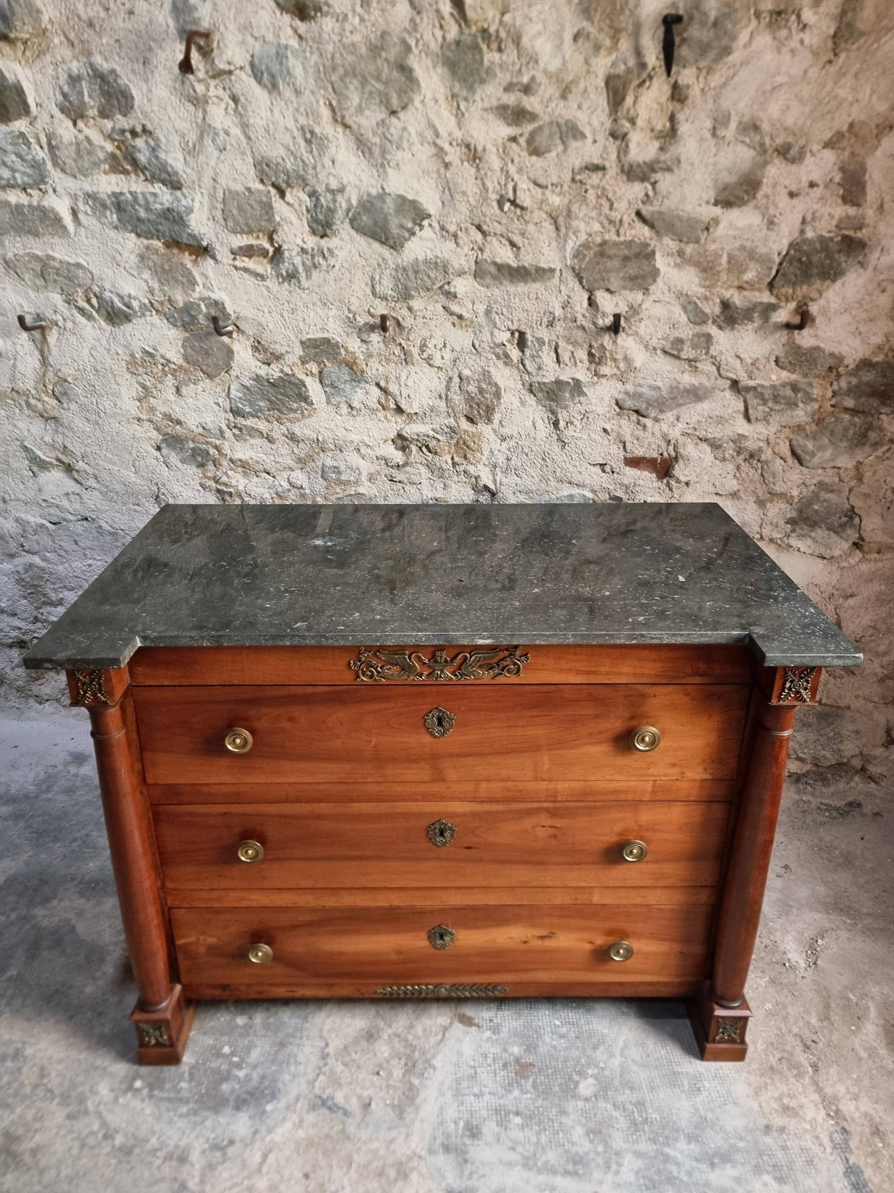 Antique commode, walnut and oak, marble top, 3 drawers, France circa 1820–1850.