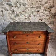 Antique commode, walnut and oak, marble top, 3 drawers, France circa 1820–1850.
