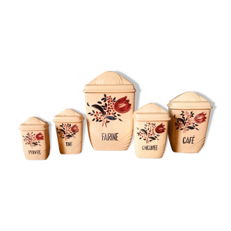 Set de pots à épices anciens en faïence de Lunéville modèle « Tulipe «