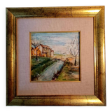 Framed and hand painted ceramic tile