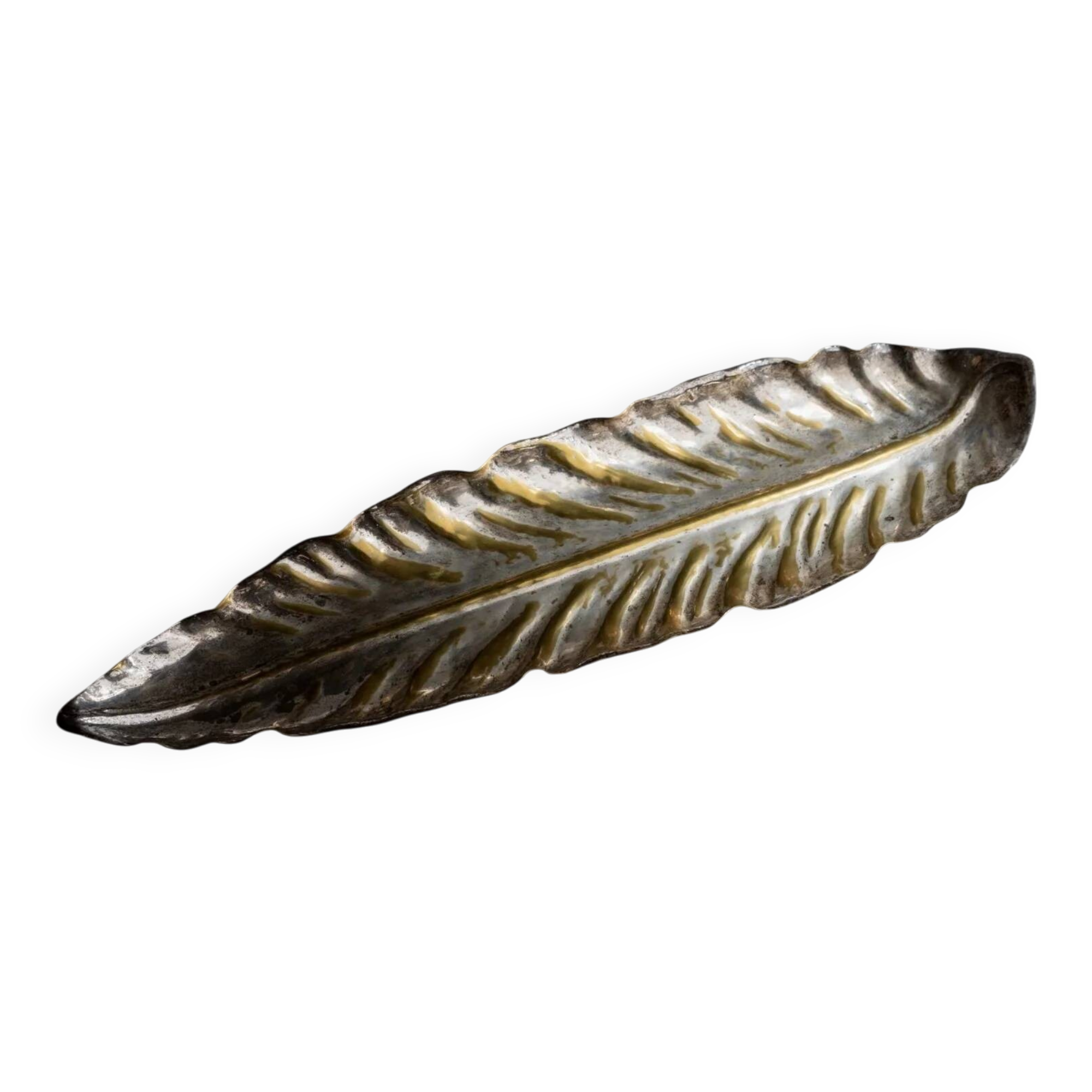 Large vintage bowl in the shape of a leaf in silver metal with gold details - Mid-Century design Italy 1970s
