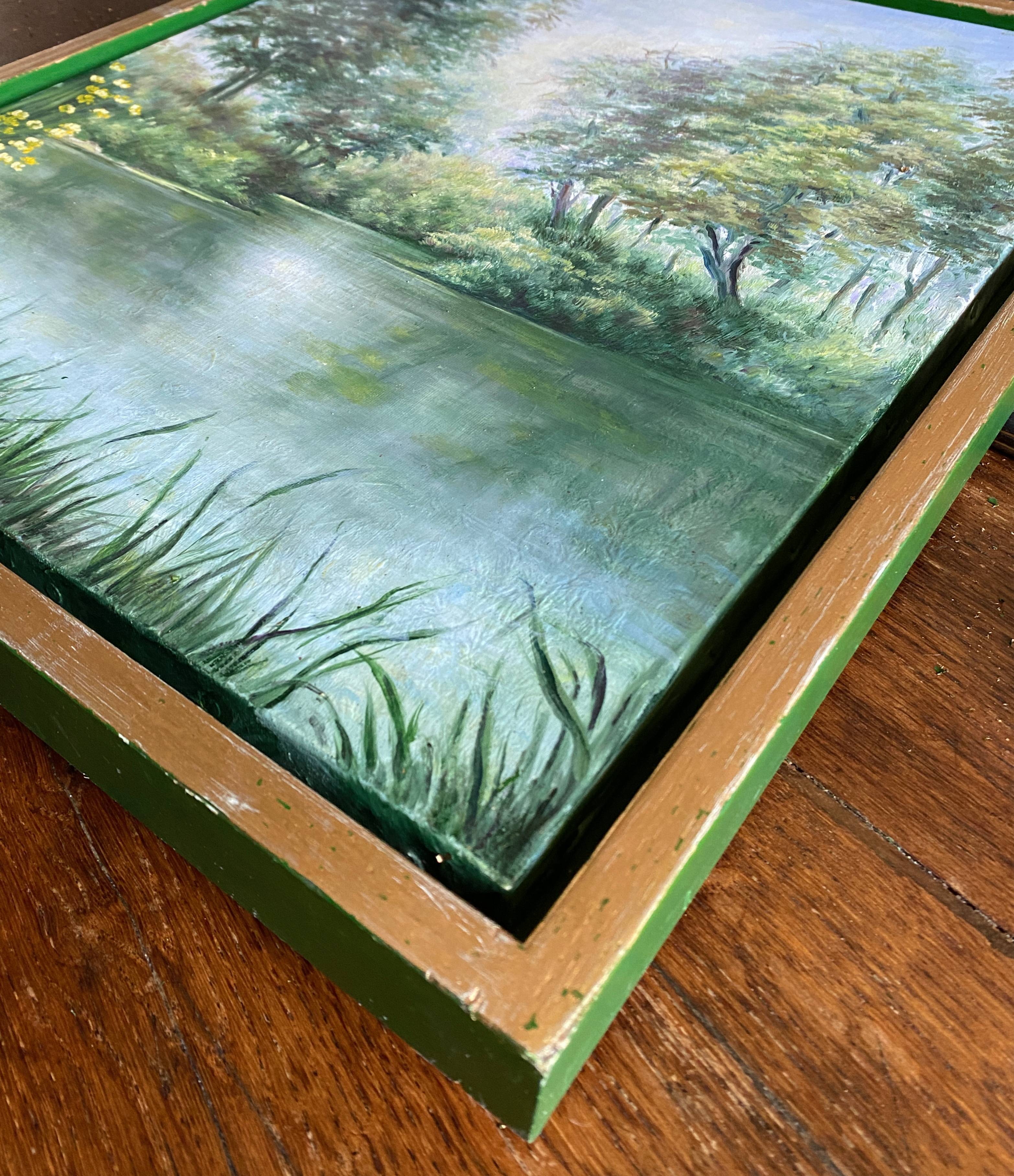 HST painting "Landscape with wooded river" - signed Valena XX° + frame