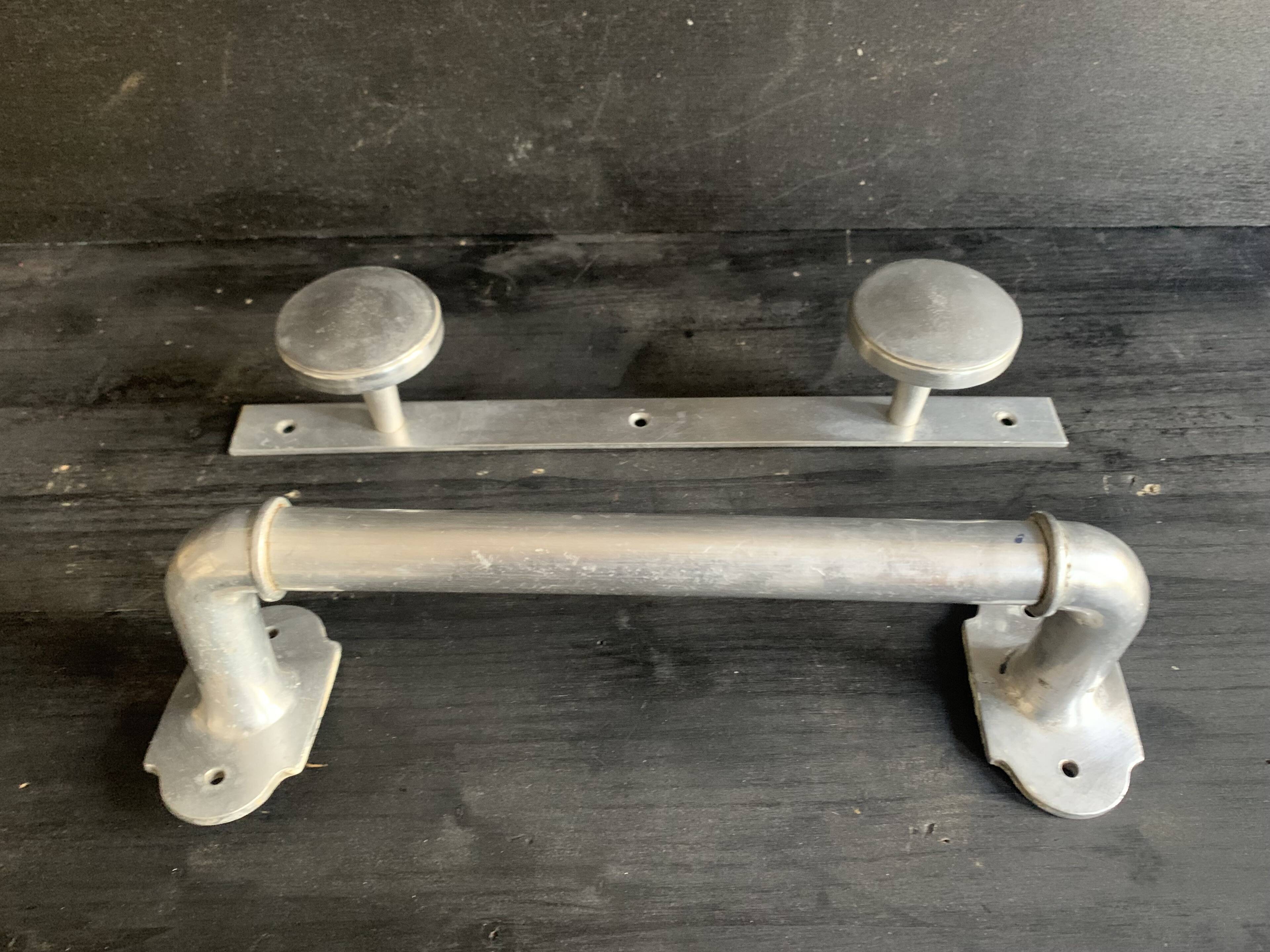 Aluminium Art Deco towel rack and wall hooks, 1940.