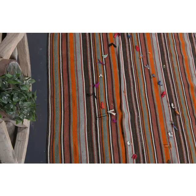 Vintage Turkish Hand-Knotted Wool Cotton Orange Kilim Rug 252x280