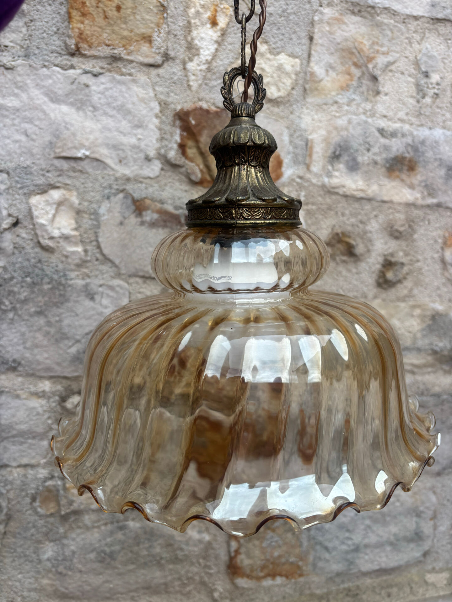 1970s Vintage Amber Glass Pendant Light