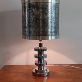 Chromed metal lamp and metallic paper lampshade. 70s