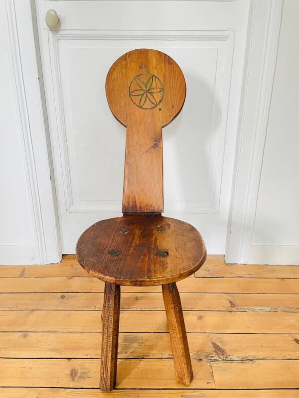 Ancienne chaise brutaliste en pin et chêne