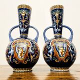 Magnificent Pair of Gien Ceramic Handled Vases, Renaissance Series