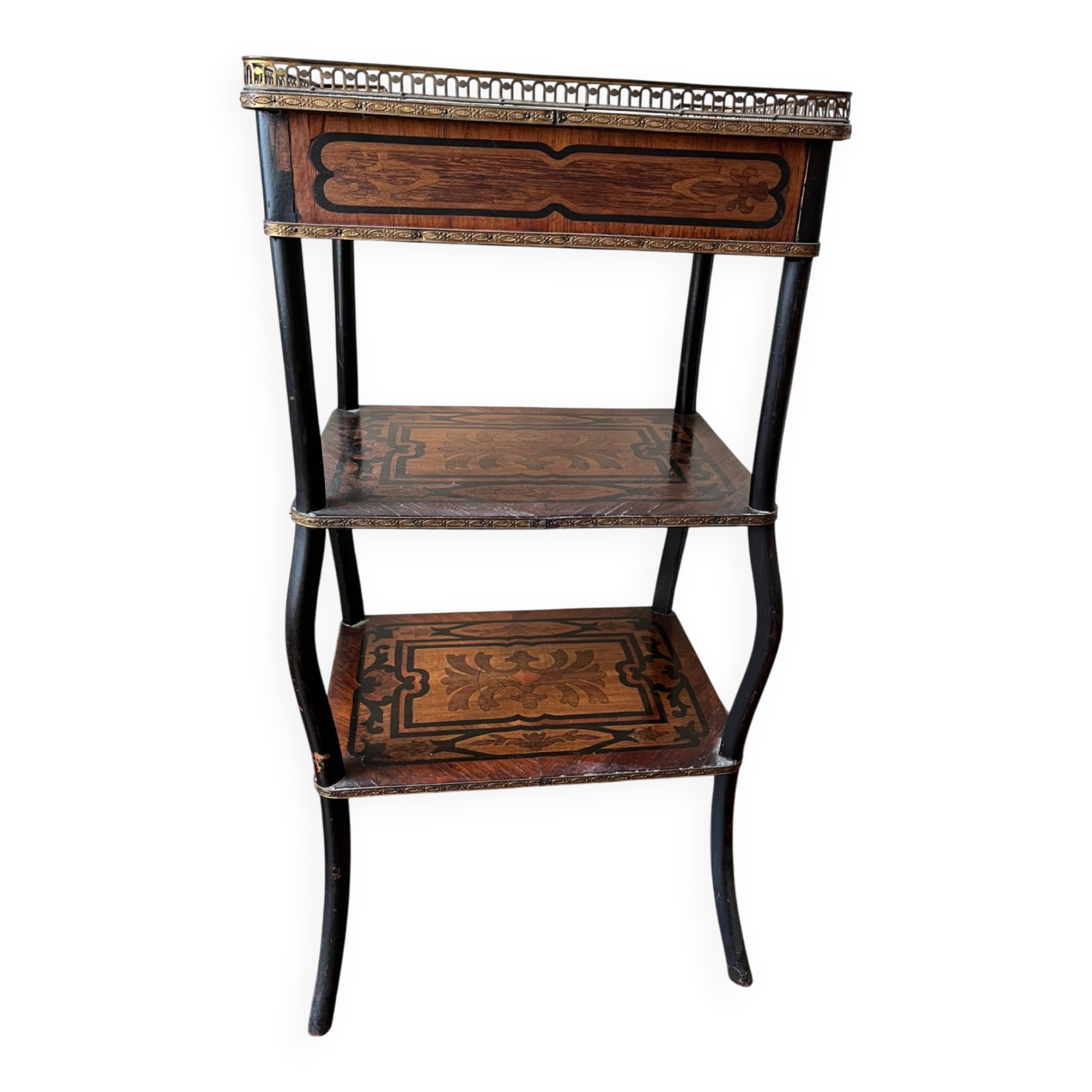 Napoleon III marquetry tiered table — rosewood, brass gallery,