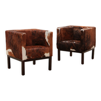 Ensemble vintage de fauteuils en peau de vache 1970.