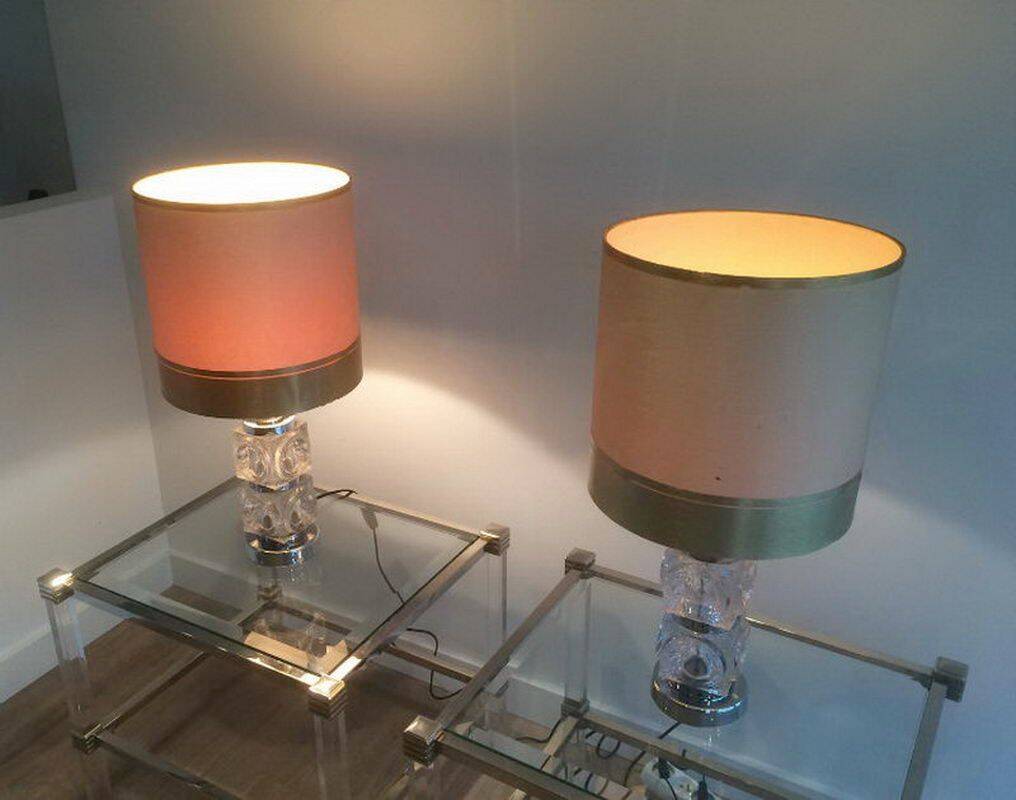 Pair of glass and chrome lamps. Circa 1970